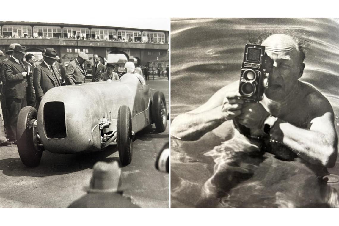 Das Foto von Zoltan Glass (rechts) zeigt den Mercedes-Rennfahrer Manfred von Brauchitsch im Stromlinien-SSKL 1933 auf der Avus-Rennbahn.