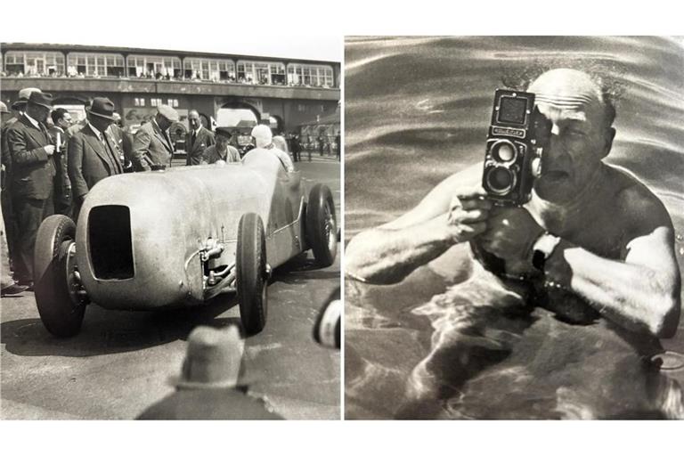 Das Foto von Zoltan Glass (rechts) zeigt den Mercedes-Rennfahrer Manfred von Brauchitsch im Stromlinien-SSKL 1933 auf der Avus-Rennbahn.