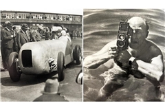 Das Foto von Zoltan Glass (rechts) zeigt den Mercedes-Rennfahrer Manfred von Brauchitsch im Stromlinien-SSKL 1933 auf der Avus-Rennbahn.
