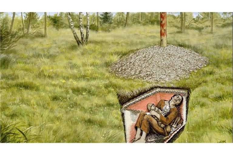 Das Grab der Schamanin von Bad Dürrenberg: Jahrtausendelang lag die Frau mit einem Kind in ihrem Arm unter der Erde. In der Dauerausstellung des Landesmuseums für Vorgeschichte Halle/Saale erstrahlt der Fund in neuem Glanz.