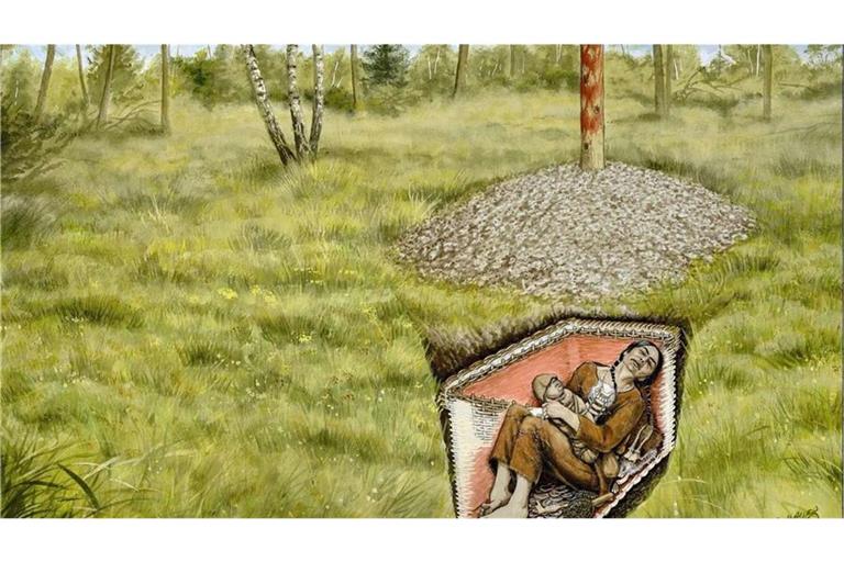 Das Grab der Schamanin von Bad Dürrenberg: Jahrtausendelang lag die Frau mit einem Kind in ihrem Arm unter der Erde. In der Dauerausstellung des Landesmuseums für Vorgeschichte Halle/Saale erstrahlt der Fund in neuem Glanz.