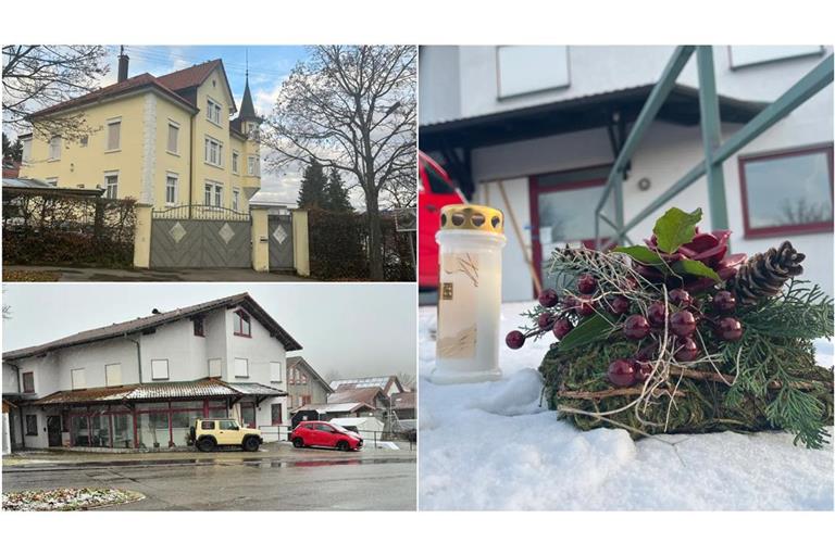 Das große Haus in Pfullingen (oben links) sollte in naher Zukunft das neue Zuhause des 63-jährigen Tatverdächtigen, seiner Lebensgefährtin, seiner Schwester und seines älteren Sohnes werden. Letzterer wurde gemeinsam mit seinem Bruder erschossen in dem Firmengebäude in Würtingen (links unten) gefunden. Eine Kerze und ein Blumenstrauß erinnern an die grausame Tat.