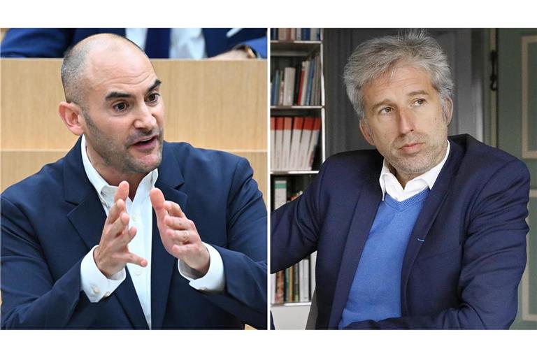 Das Haus von Finanzminister Danyal Bayaz (li., Grüne) hat den Hebesatz-Korridor bei der Grundsteuer B für Tübingen erhöht. OB Boris Palmer (parteilos) sieht einen höheren Wert als aufkommensneutral an.
