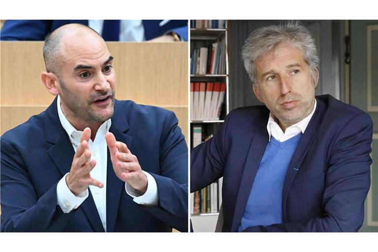 Das Haus von Finanzminister Danyal Bayaz (li., Grüne) hat den Hebesatz-Korridor bei der Grundsteuer B für Tübingen erhöht. OB Boris Palmer (parteilos) schlägt seinem Gemeinderat einen deutlich höheren Wert vor.