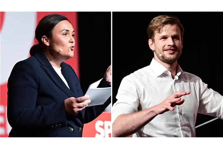 Das junge Duo aus Isabel Cademartori (l)  und Robin Mesarosch (r) war schon vor dem Beginn eines Landesparteitags der SPD Baden-Württemberg gut gelaunt.