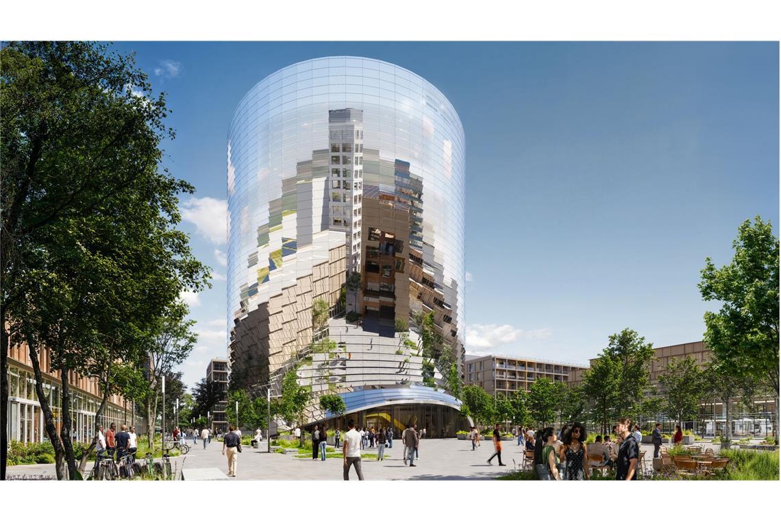 Das Kommunikationszentrum in mehr als 60 Meter Höhe ist der zentrale Ort des Campus für Austausch, Information und Bildung rund um das Thema KI.