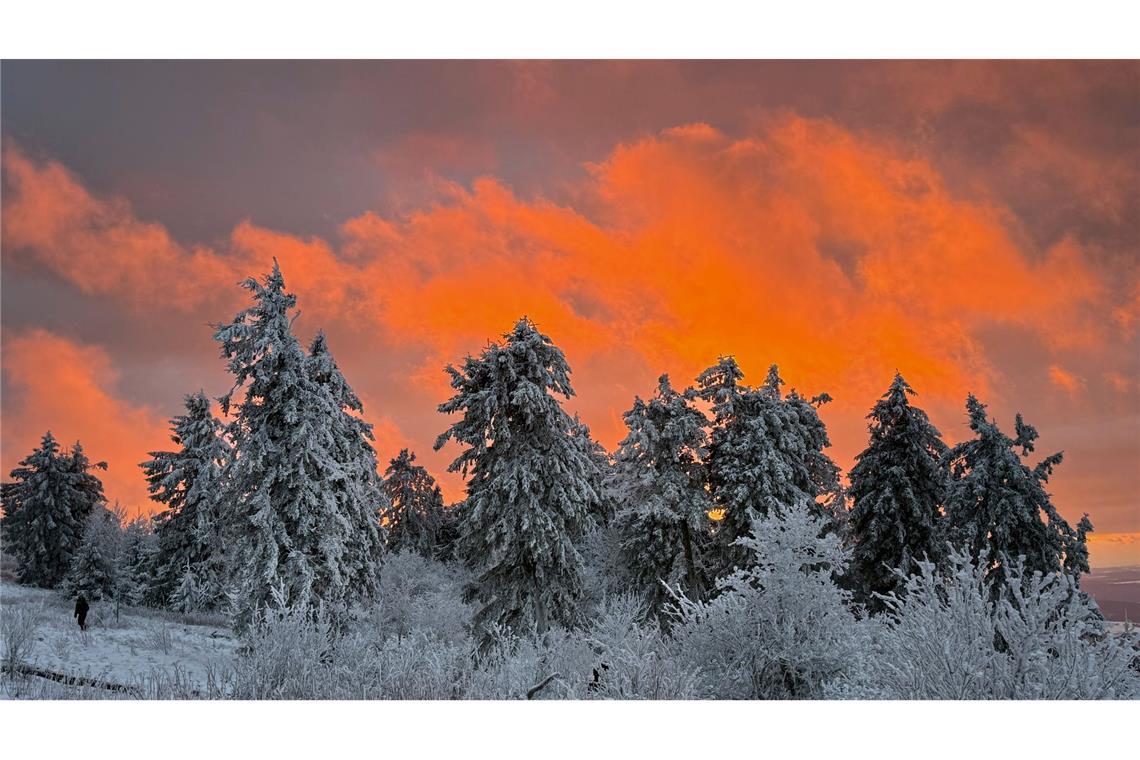 Das Licht der untergehenden Sonne beleuchtet die Wolken, die hinter den schneebedeckten Bäumen auf dem Feldbergplateau untergeht.