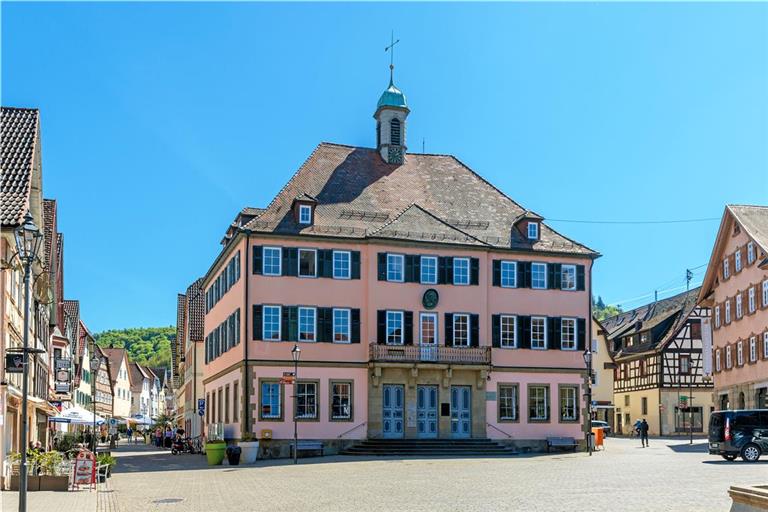 Das sanierte Rathaus wird sich farblich in anderem Gewand zeigen: Das Lachsrosa weicht einem in einem dunkleren Grauton gehaltenen Sockel, darüber wird die Fassade in einem hellen Weiß-Beige gestrichen. Fotos: Stefan Bossow