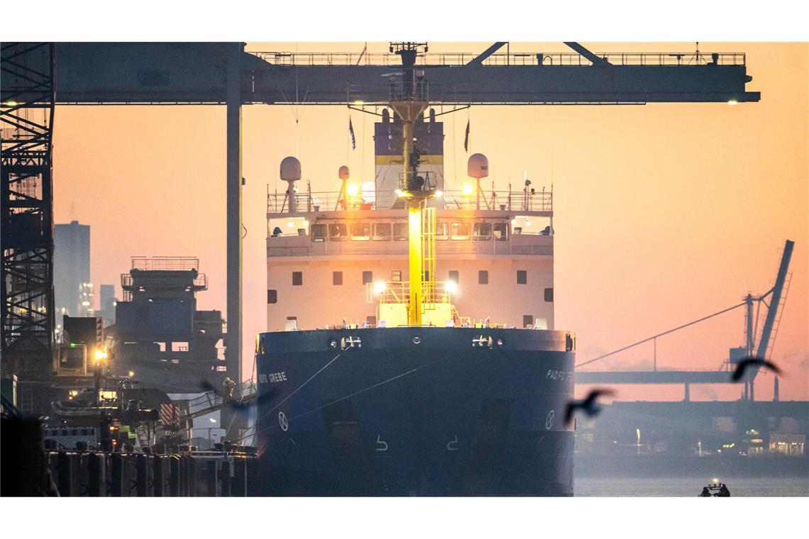 Castor-Transport soll nach Bayern rollen Das Spezialschiff "Pacific Grebe" mit sieben Castor-Behältern an Bord legt in der Morgendämmerung im Hafen an.