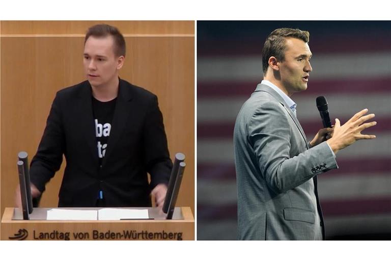 Das T-Shirt, mit dem Daniel Lindenschmid (links) im Landtag auf den erschossenen Charlie Kirk (rechts) anspielte, musste der AfD-Abgeordnete im Plenarsaal verdecken.
