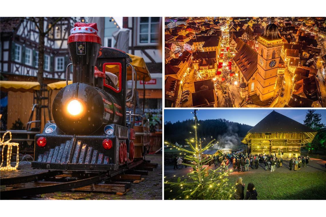 Das traditionelle Bähnle in Calw, bunte Lichter in Nürtingen (o.r.) und stimmungsvolle Atmosphäre im Freilichtmuseum Vogtsbauernhof (u.r.) machen die Weihnachtsmärkte in der Region zu magischen Orten.