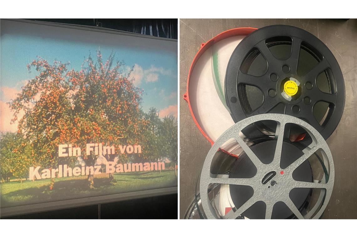 Der 16mm-Film ist aufgerollt und wird auf eine Leinwand im Park der Villa Berg projiziert.