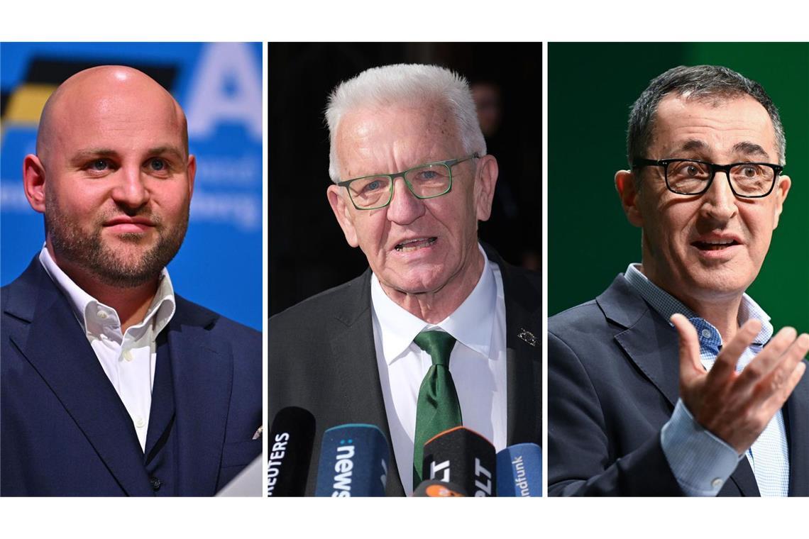 „Nichts Gutes zu erwarten“ – Özdemir und Kretschmann kritisieren Frohnmaier Der AfD-Landesvorsitzende Markus Frohnmaier (links) zieht mit einer angekündigten Russlandreise unter anderem den Unmut von Winfried Kretschmann (Mitte) und Cem Özdemir auf sich.
