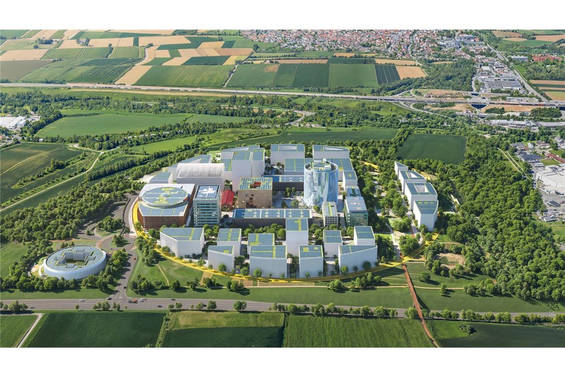 Der Blick von Oben: so soll das Campus-Gelände der Zukunft einmal aussehen. Rund und umgeben von Grünflächen, das ist der Plan des IPAI.