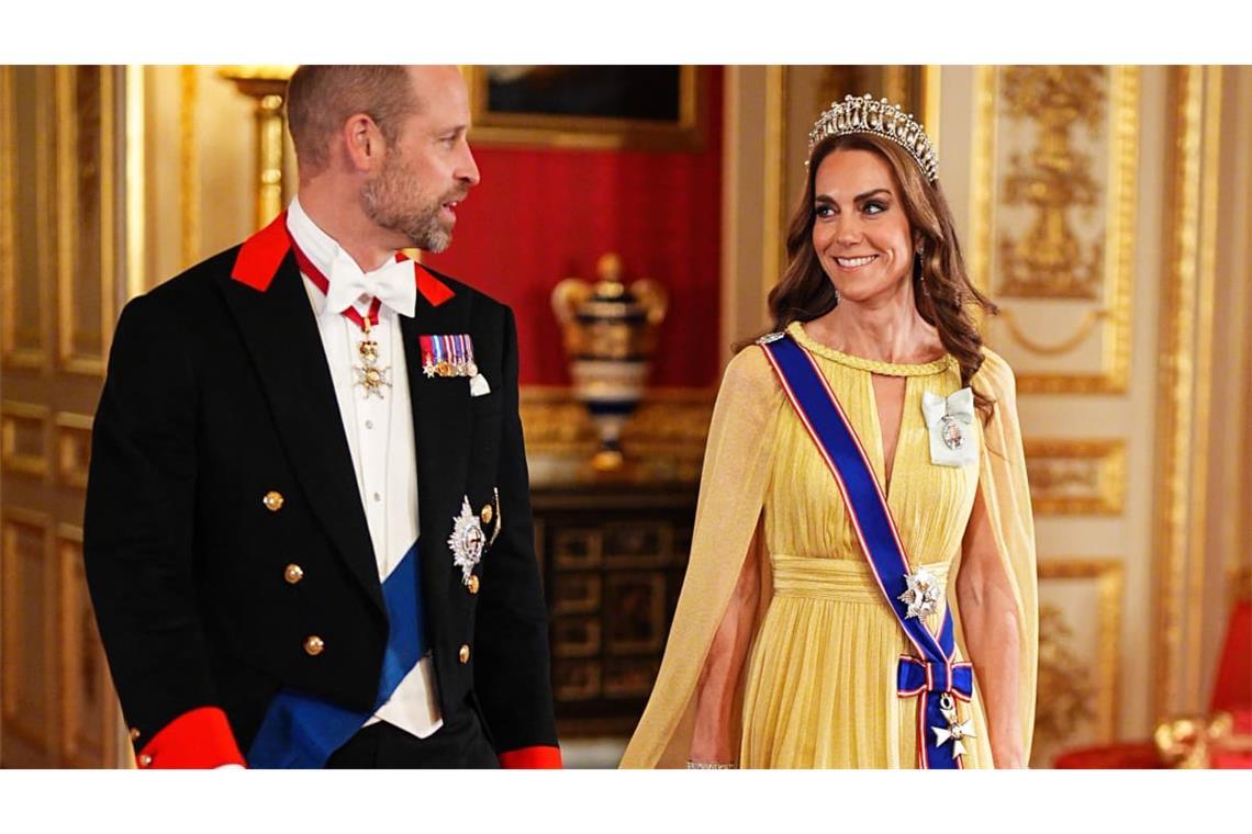 Der britische Prinz William, Prinz von Wales, und die britische Catherine, Prinzessin von Wales, treffen am 20. Oktober 2026, dem ersten Tag eines dreitägigen Staatsbesuchs des Sultans von Oman im Vereinigten Königreich, zu einem Staatsbankett im Windsor Castle in Windsor ein.