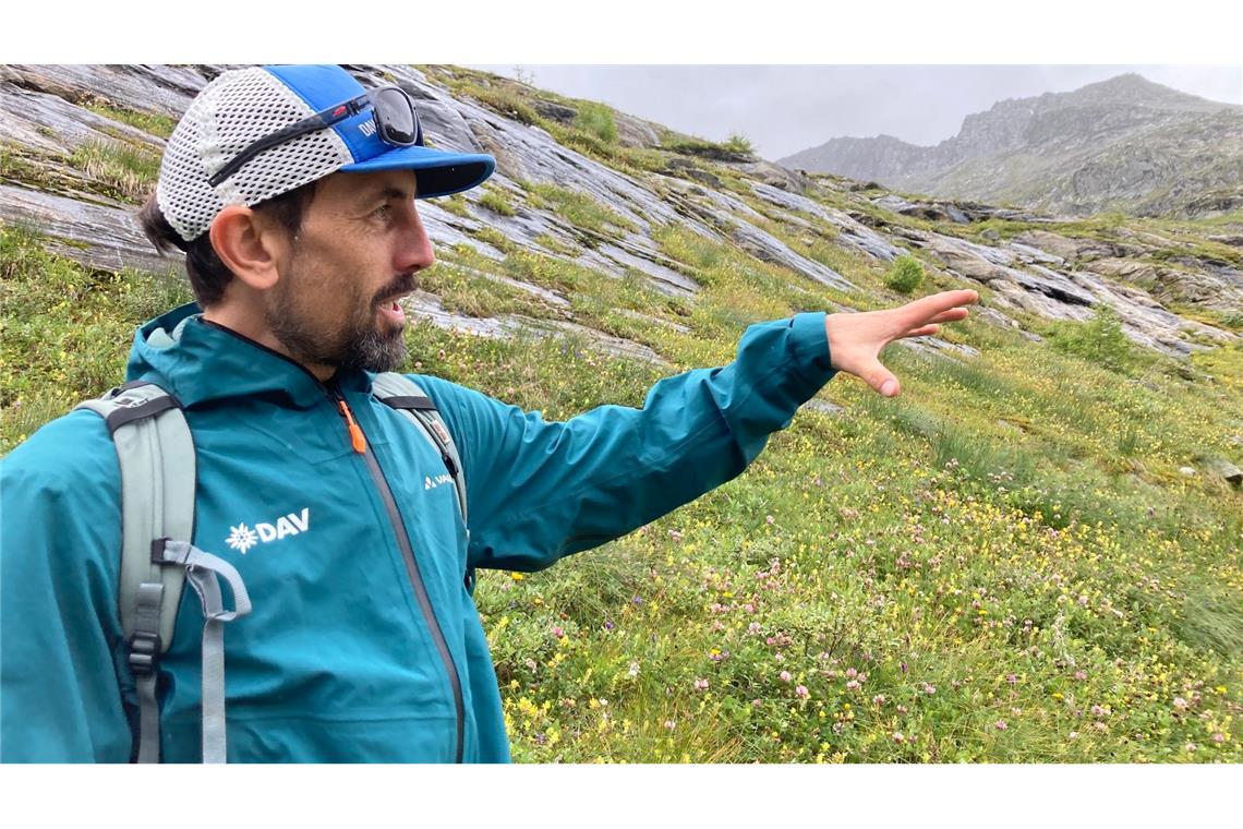 Klimakrise am Berg: Würmer fürs Hütten-Klo und Einfachheit Der DAV-Geowissenschaftler Tobias Hipp zeigt auf die Vegetation - hier war früher Gletscher.