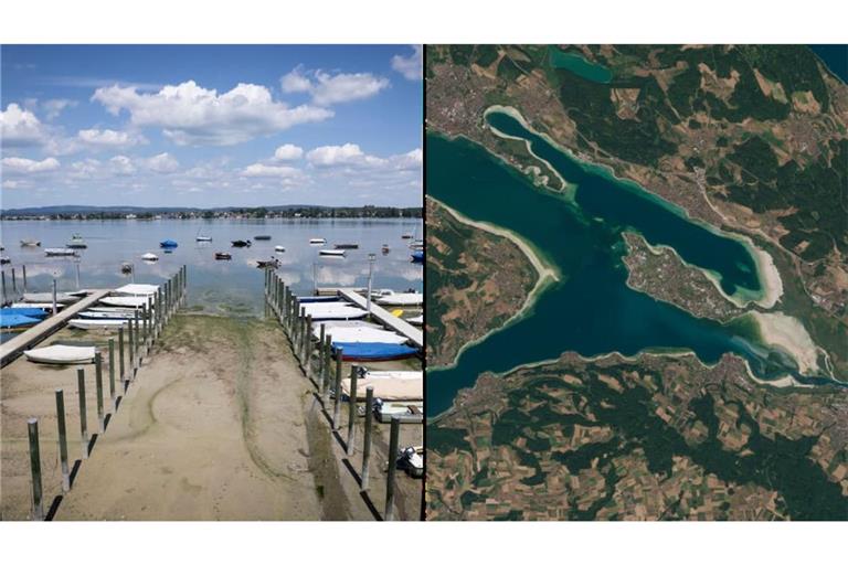 Der extrem niedrige Wasserstand am Bodensee: Sogar aus dem Weltall sichtbar.