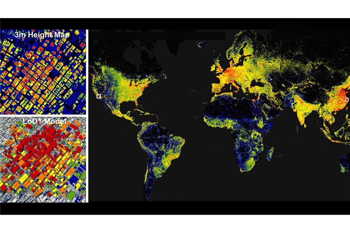 Der GlobalBuildingAtlas zeigt Zahl und Größe von 2,75 Milliarden Gebäuden weltweit – mit einer räumlichen Auflösung von drei Metern. Hier das farbkodierte Gebäudevolumen.
