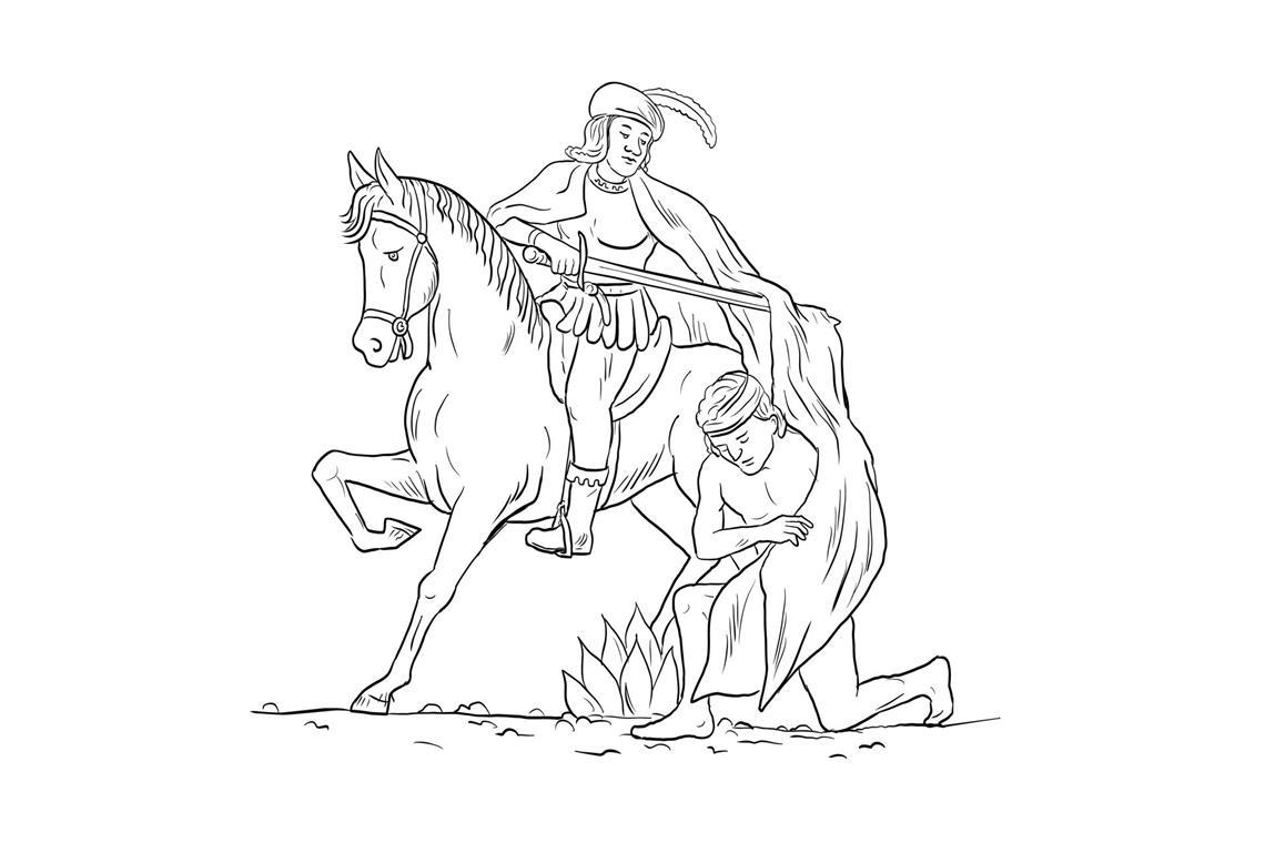 Der heilige Martin von Tours teilt seinen Mantel mit einem armen, leicht bekleideten Mann.