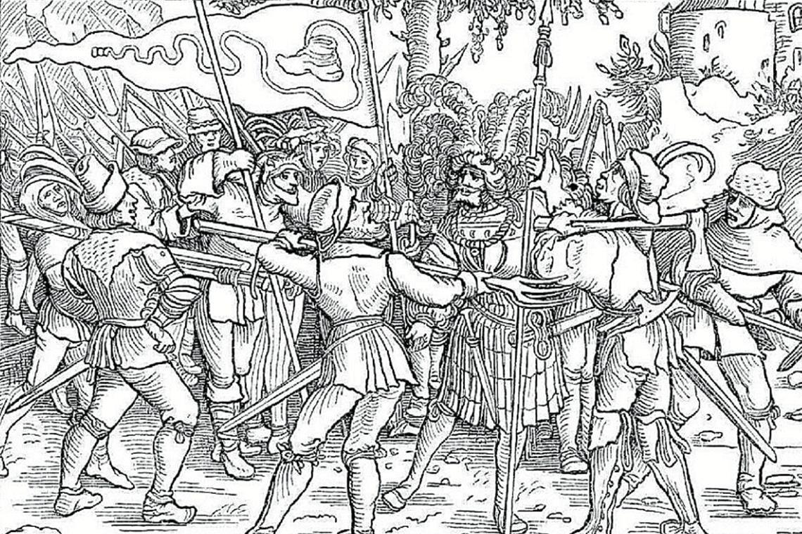 Situation der Bauern verschärfte sich um 1500 Der Holzschnitt des sogenannten Petrarca-Meisters von 1539 zeigt aufständische Bauern mit der Bundschuhfahne, die einen Ritter bedrohen. Foto: Deutsches Historisches Museum Berlin