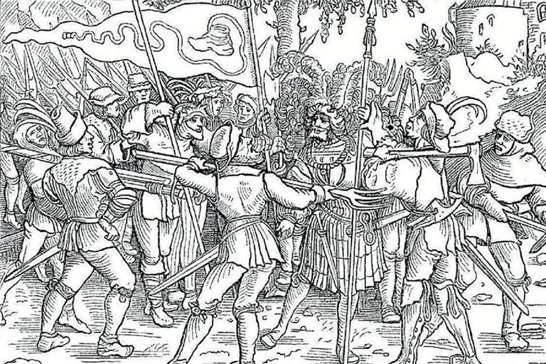 Der Holzschnitt des sogenannten Petrarca-Meisters von 1539 zeigt aufständische Bauern mit der Bundschuhfahne, die einen Ritter bedrohen. Foto: Deutsches Historisches Museum Berlin