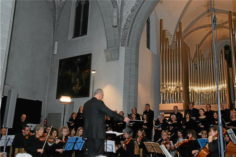 Der Kammerchor, Solisten und Instrumentalisten des Collegium musicum Stuttgart sind mit Kantor Gottfried Mayer (vorne) wieder zur Hochform aufgelaufen. Foto: E. Klaper