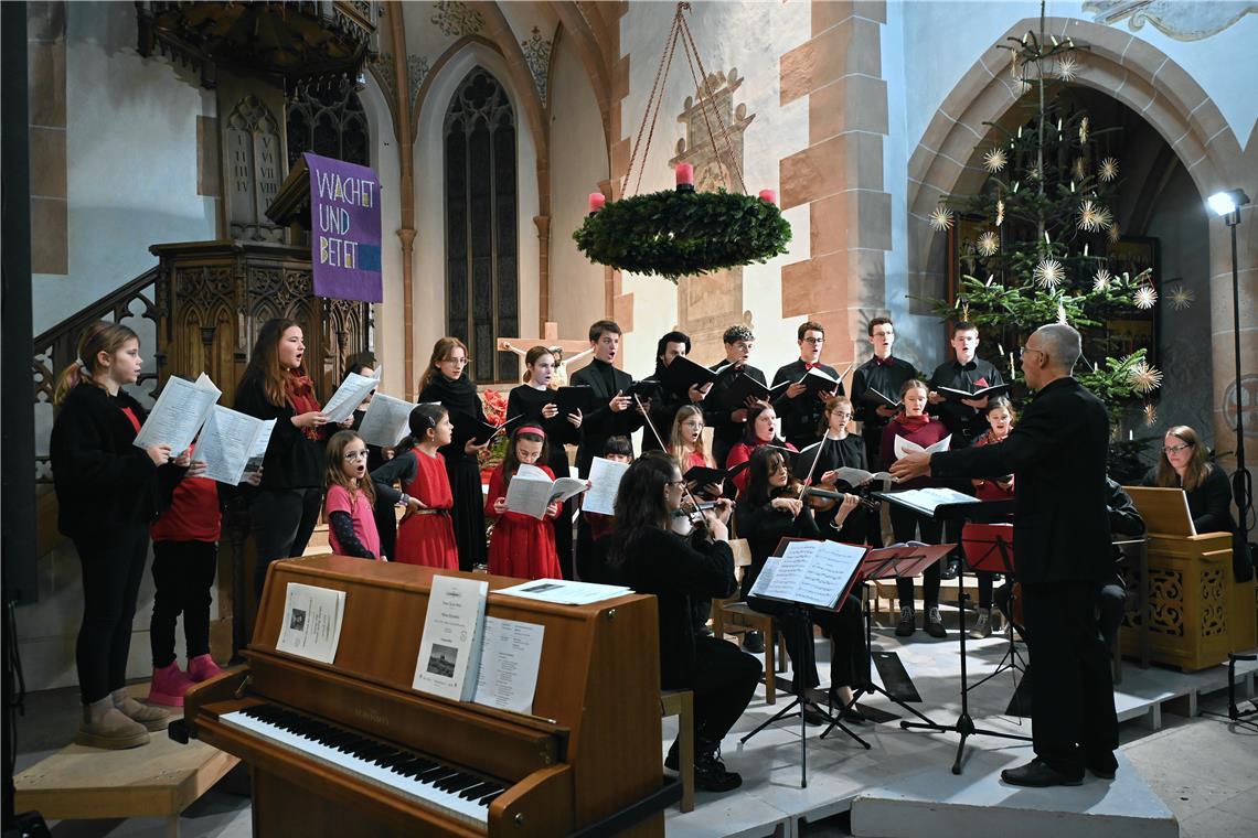 Adventliche Melodien im Rampenlicht Der Kinder- und Jugendchor der evangelischen Kirchenmusik, ein Streichensemble der Familie Kefer, Julia Kirschbaum am Orgelpositiv (rechts) mit Kantor Gottfried Mayer (Zweiter von rechts) bei ihrem Auftritt. Foto: Elisabeth Klaper