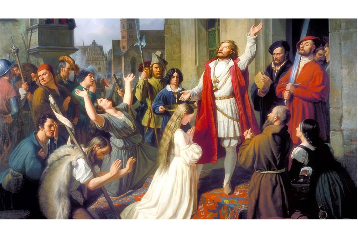 Der König der Wiedertäufer, Jan van Leiden, tauft in Münster 1534/35 ein junges Mädchen (Gemälde von Johann Karl Bähr, 1801-1869).