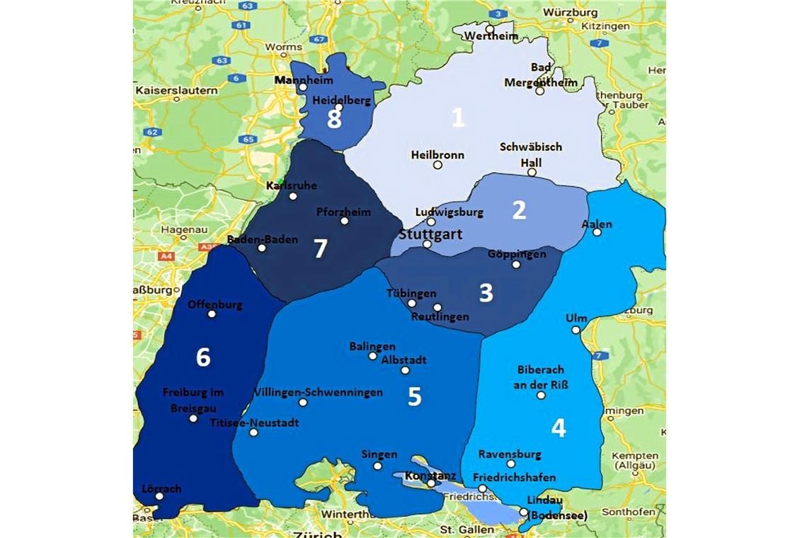 Alte Rivalen und eher unbekannte Größen für die hiesigen Handballvereine Der künftige Bezirk 2 verlangt dem HCOB, der HSG und der SGW keine allzu weiten Fahrten ab. Grafik: Handballverband Württemberg