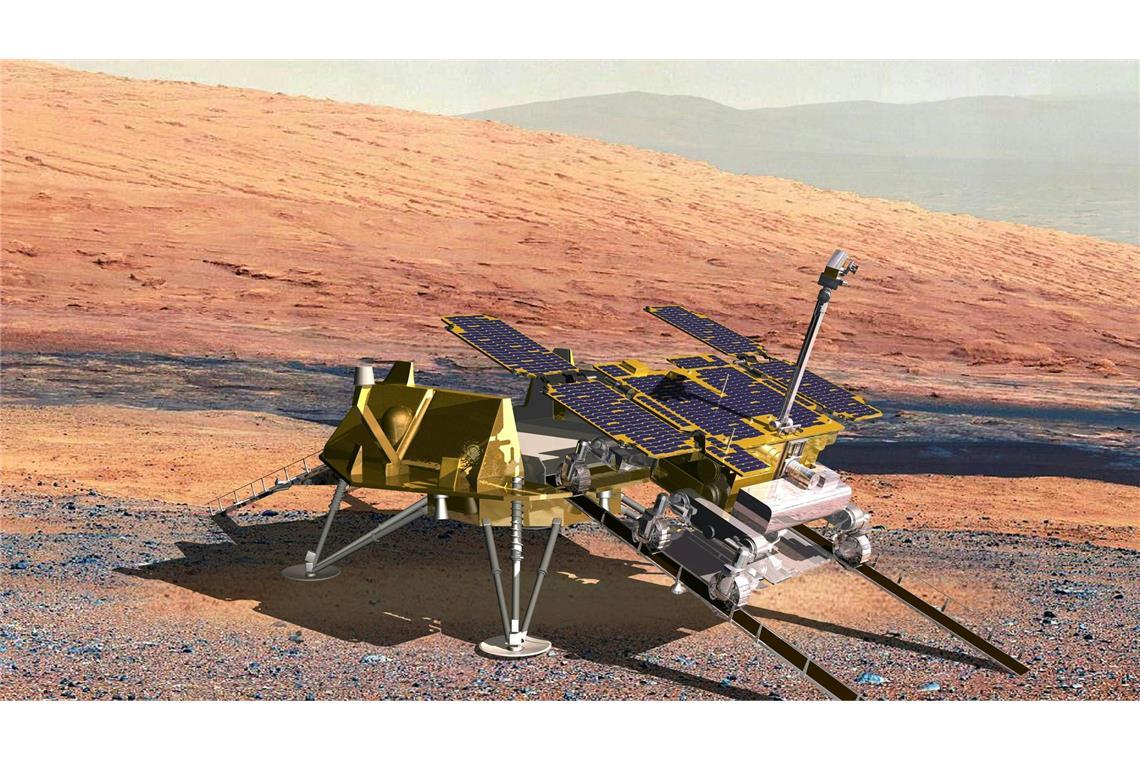 Airbus baut Landeplattform für europäischen Mars-Rover Der Mars-Rover Rosalind Franklin soll ab 2030 nach Spuren von Leben auf dem Roten Planeten suchen. (grafische Darstellung)