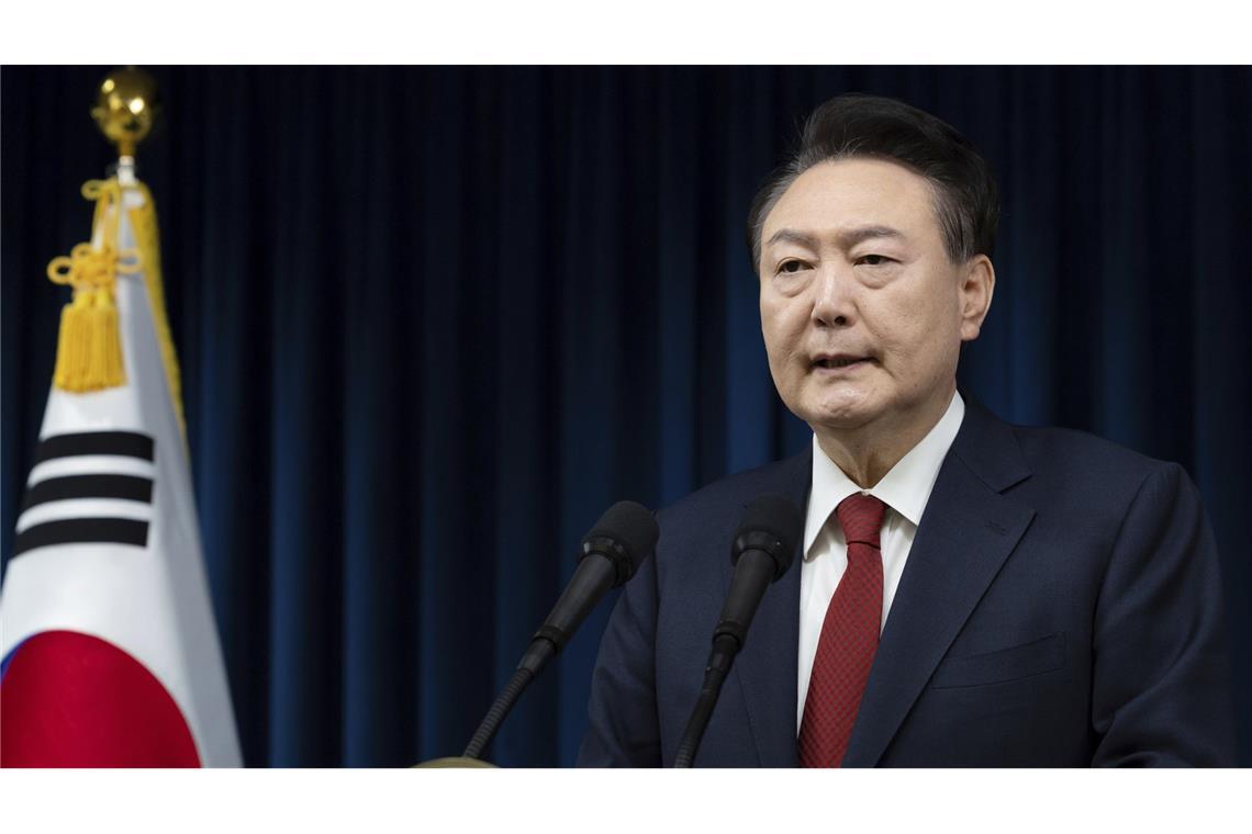Yoons Partei boykottiert Votum über mögliche Amtsenthebung Der südkoreanische Präsident Yoon Suk Yeol spricht im Präsidialamt in Seoul, Südkorea.