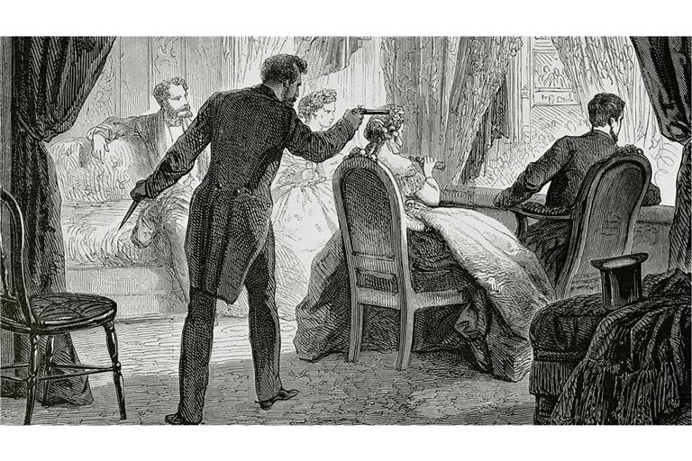 Der Südstaatler John Wilkes Booth schießt während einer Theateraufführung am 14. April 1865 in Washington D. C. auf US-Präsident Abraham Lincoln und ruft danach die Worte: „Sic semper tyrannis!“