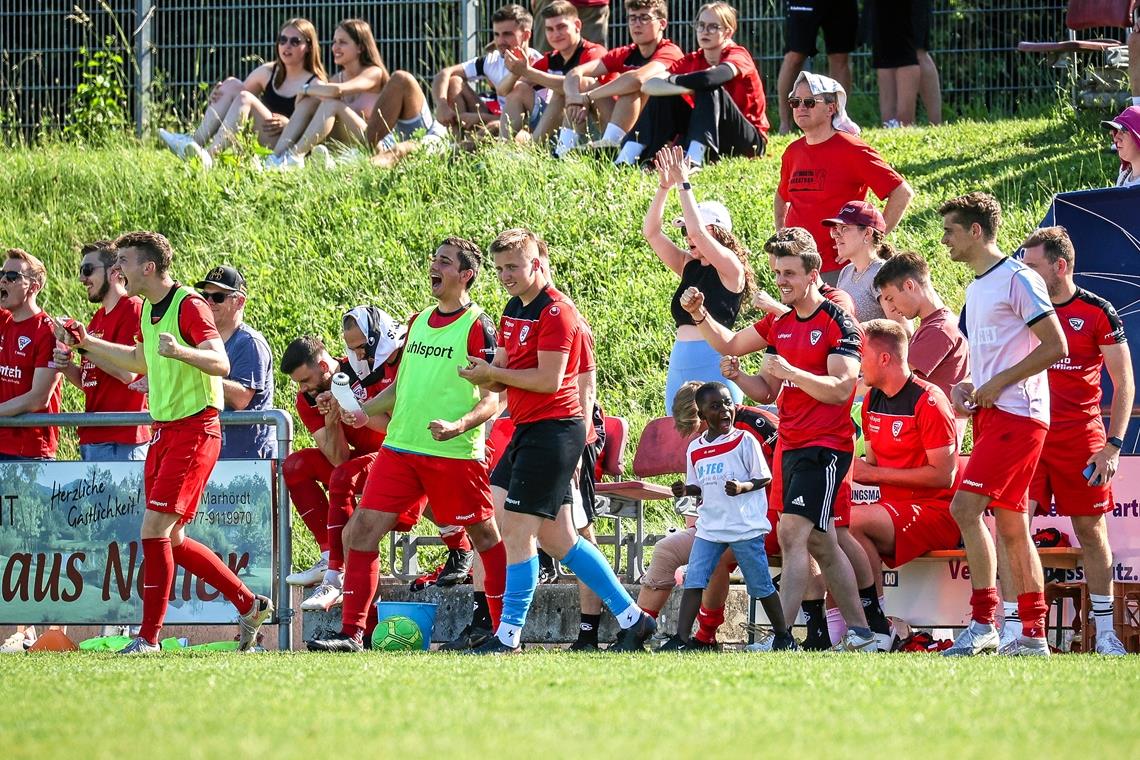 Der SV Allmersbach bejubelte nach dem Schlusspfiff den Klassenverbleib.Foto: Alexander Becher