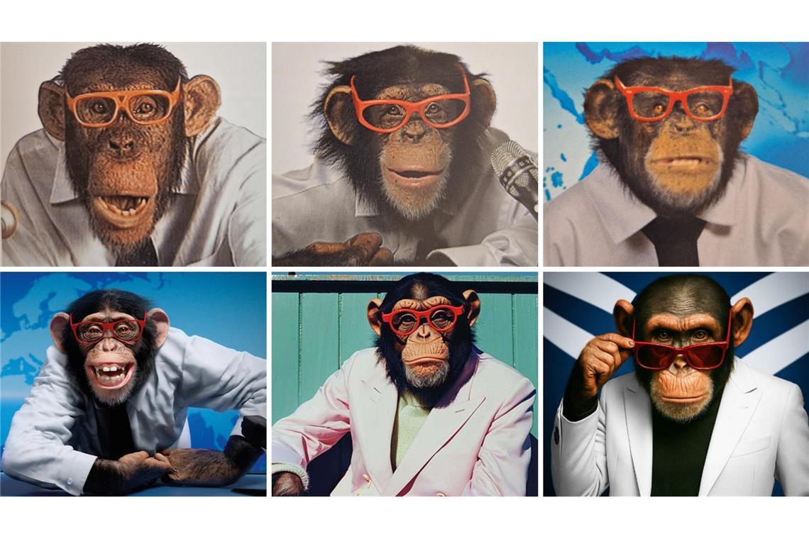 Vom Schimpansen zum KI-Affen – wie Trigema die TV-Spots seit 1990 verändert hat Der Trigema-Affe im Laufe der Zeit (von links oben nach rechts unten): 1990, 2005, 2012, ab 2018, 2024 und 2025.