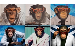 Der Trigema-Affe im Laufe der Zeit (von links oben nach rechts unten): 1990, 2005, 2012, ab 2018, 2024 und 2025.