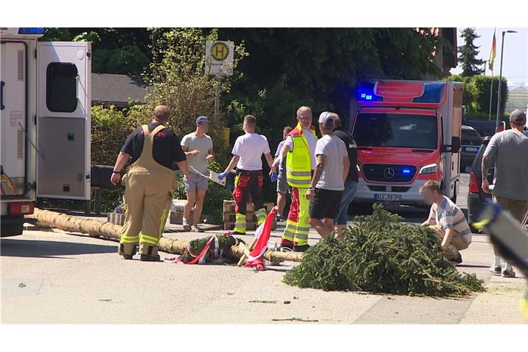 Der umgestürzte Maibaum liegt auf der Straße vor einem Einsatzwagen der Feuerwehr.