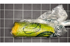 Der Vater der Frau nahm das Paket mit der Gurke an und bezahlte.