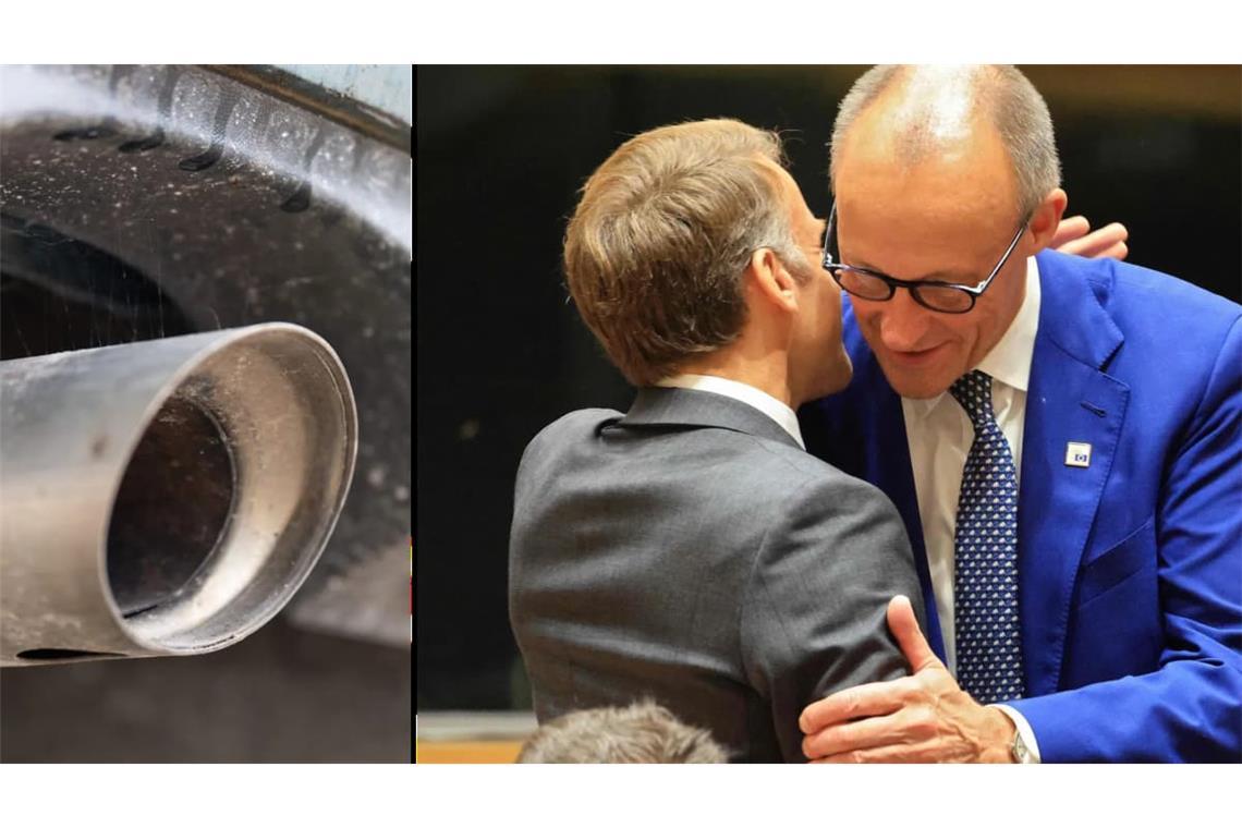 Der Verbrennungsmotor wird in der EU voraussichtlich noch länger als bisher geplant verkauft werden können. Durch die Verständigung zwischen Frankreichs Staatspräsident Emmanuel Macron (rechtes Bild, li.) und Bundeskanzler Friedrich Merz ist eine Mehrheit wahrscheinlich geworden.