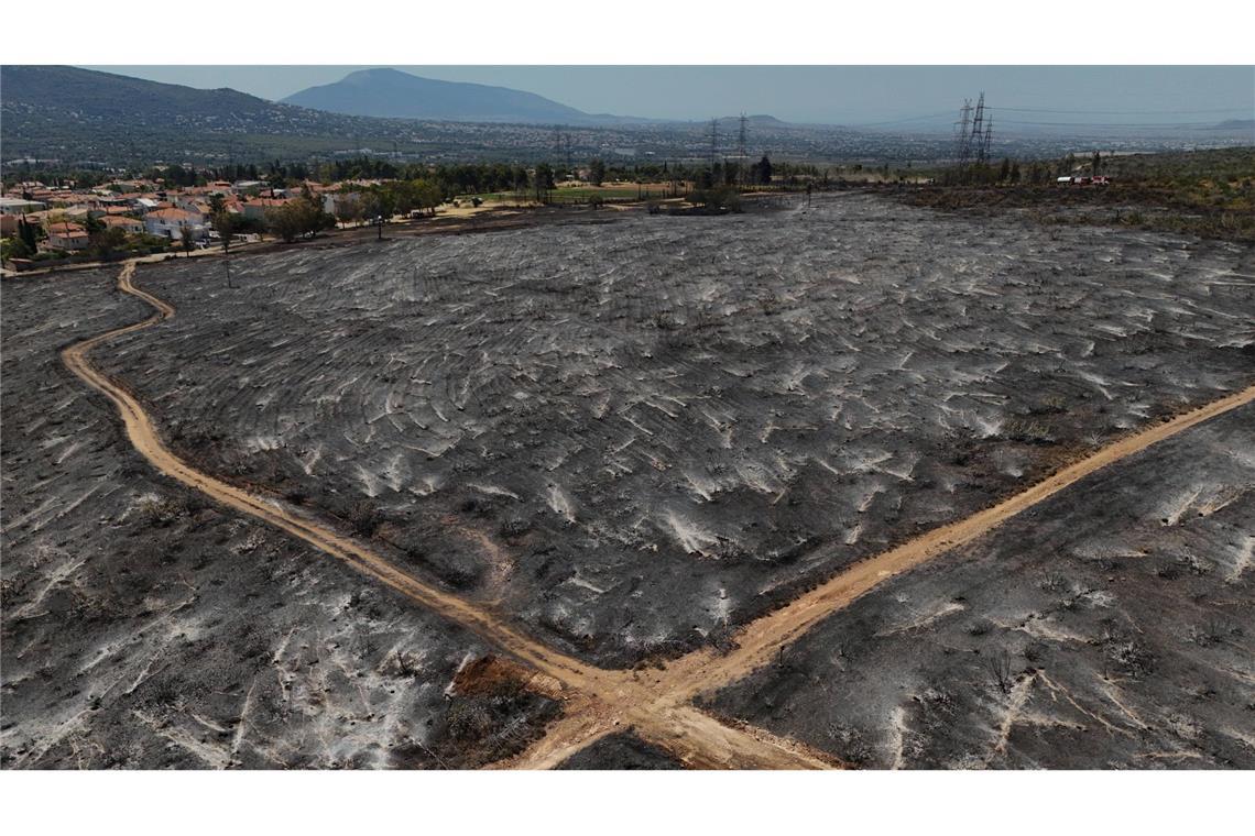 Wo brennt es in Südeuropa? Der Waldbrand bei Krioneri nahe Athen hat nur verkohlte Landschaft hinterlassen.