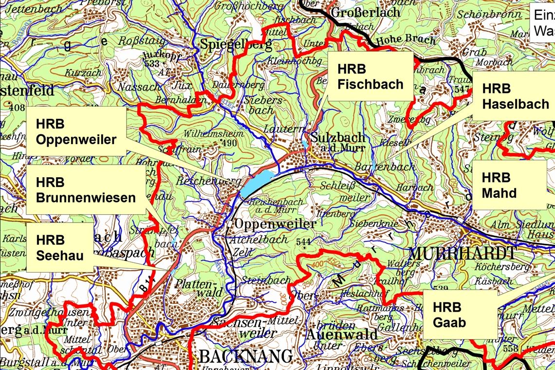 Der Wasserverband Murrtal (rote Linie) baut in den nächsten Jahren sieben Regenrückhaltebecken. Das größte Becken vor Oppenweiler ist am weitesten in der Planung gediehen, der Baubeginn könnte im optimalen Fall noch in diesem Jahr erfolgen. Karte: Ingenieurbüro Winkler und Partner GmbH