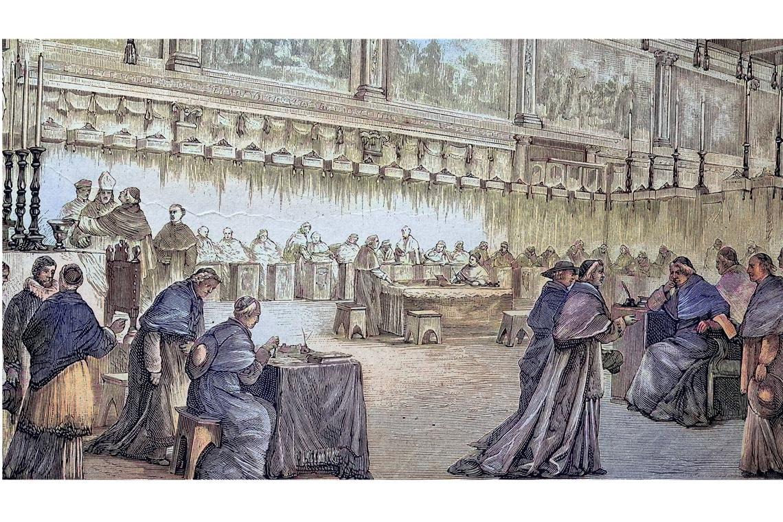 Champagner, Feldbetten, Intrigen: So liefen früher Papstwahlen ab Die Abstimmung der Kardinäle in der Sixtinischen Kapelle des Vatikans während eines Konklave (Reproduktion eines Holzschnittbildes aus dem Jahr 1881).
