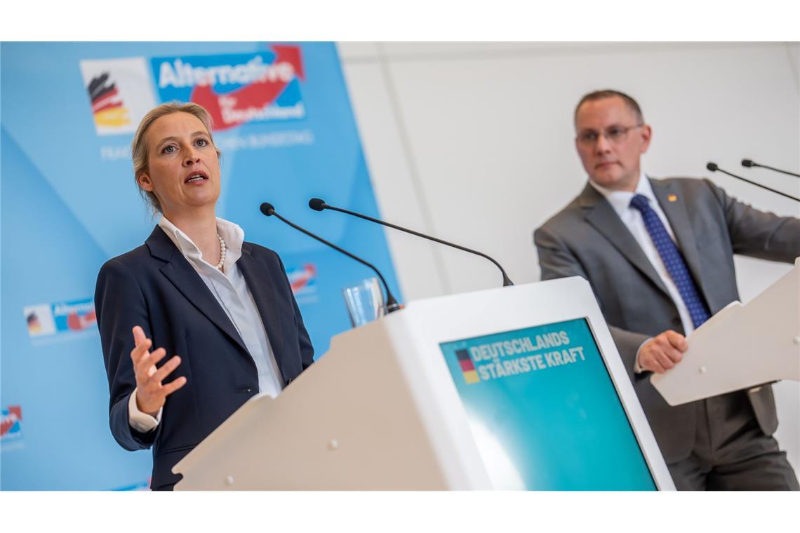 Die AfD von Alice Weidel und Tino Chrupalla hat in jüngsten Umfragen klar die Nase vorn. (Archivbild)