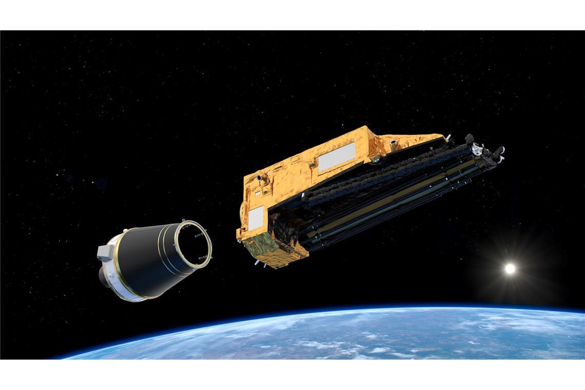 Die am 23.04.2025 von der Esa zur Verfügung gestellte undatierte Illustration zeigt, wie der "Biomass"-Satellit der Esa im Orbit freigesetzt werden sollte.