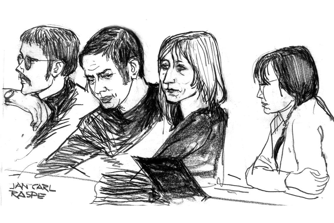 Von Baader bis Klette - Die Prozesse gegen die RAF Die Angeklagten Jan-Carl Raspe, Andreas Baader, Gudrun Ensslin und Ulrike Meinhof wurden wärend des Prozesses von einem Gerichtszeichner gezeichnet. (Archivbild)