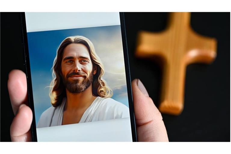 Die App „Text with Jesus“ von der Tech-Firma Catloaf Software auf einem Smartphone (Foto vom 20. September 2023). Die App ist seit Mitte Juni 2023 auf dem Markt. Nicht nur der Sohn Gottes steht hier zum Plaudern parat, auch Maria und Josef, die zwölf Jünger, sowie andere biblische Figuren wie Noah, Moses oder Lot.