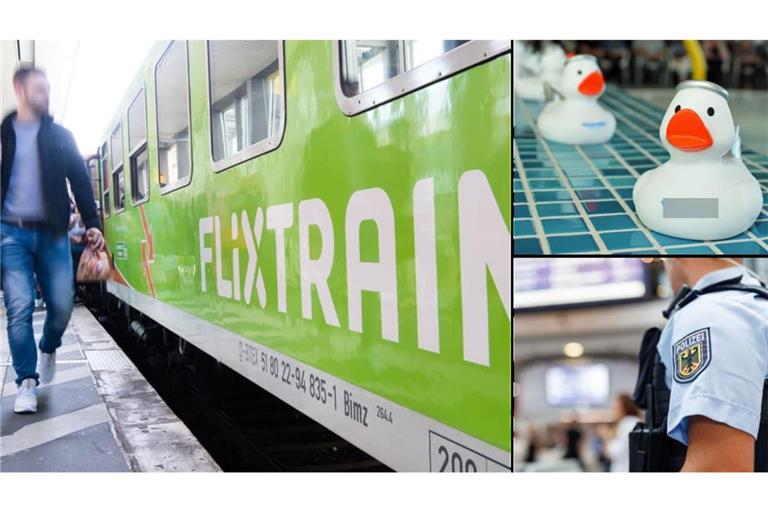 Die Bundespolizei kontrolliert einen ankommenden Flixtrain im Stuttgarter Bahnhof. Der Grund: Unbekannte verteilten Spielzeugenten mit weißem Pulver.