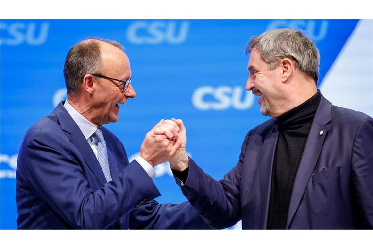 Die Chefs von CSU und CDU, Markus Söder und Friedrich Merz, setzen auf Geschlossenheit im Wahlkampf.