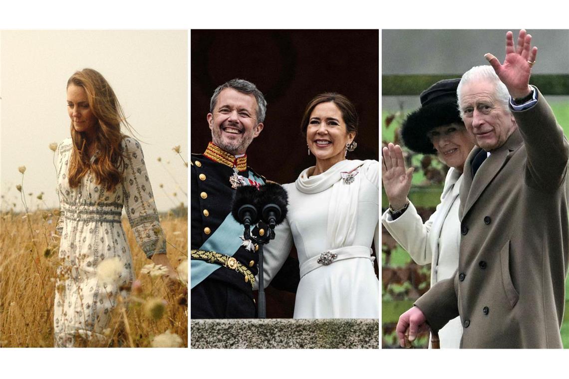 So war das Jahr bei den Windsors – und den anderen Königshäusern Die Dänen haben mit Frederik X. und Mary ein neues Königspaar (Mitte), in Großbritannien war es für König Charles III. und Prinzessin Kate ein hartes Jahr.
