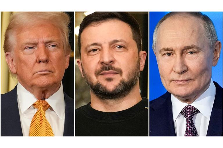 Die drei Präsidenten Trump, Selenskyj und Putin (von links) verhandeln über eine Lösung im Ukraine-Krieg. (Archivbild)