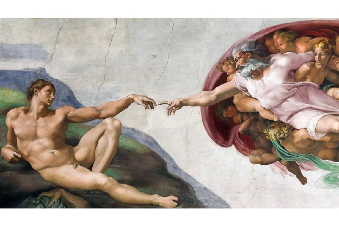Kann man Gott beweisen? Die Erschaffung Adams: Deckenfresko des Renaissance-Malers Michelangelo Buonarroti in der Sixtinischen Kapelle.